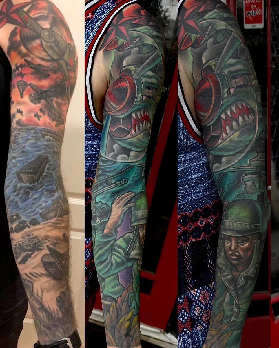 Cover-up: WWII warplane sleeve before and after — Terry Ribera, San Diego