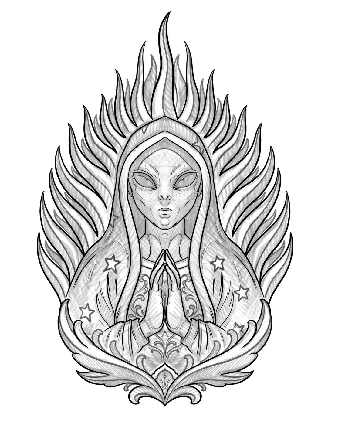 Custom tattoo sketch — Alien madonna praying flames pencil — original drawing by Terry Ribera, Remington Tattoo San Diego