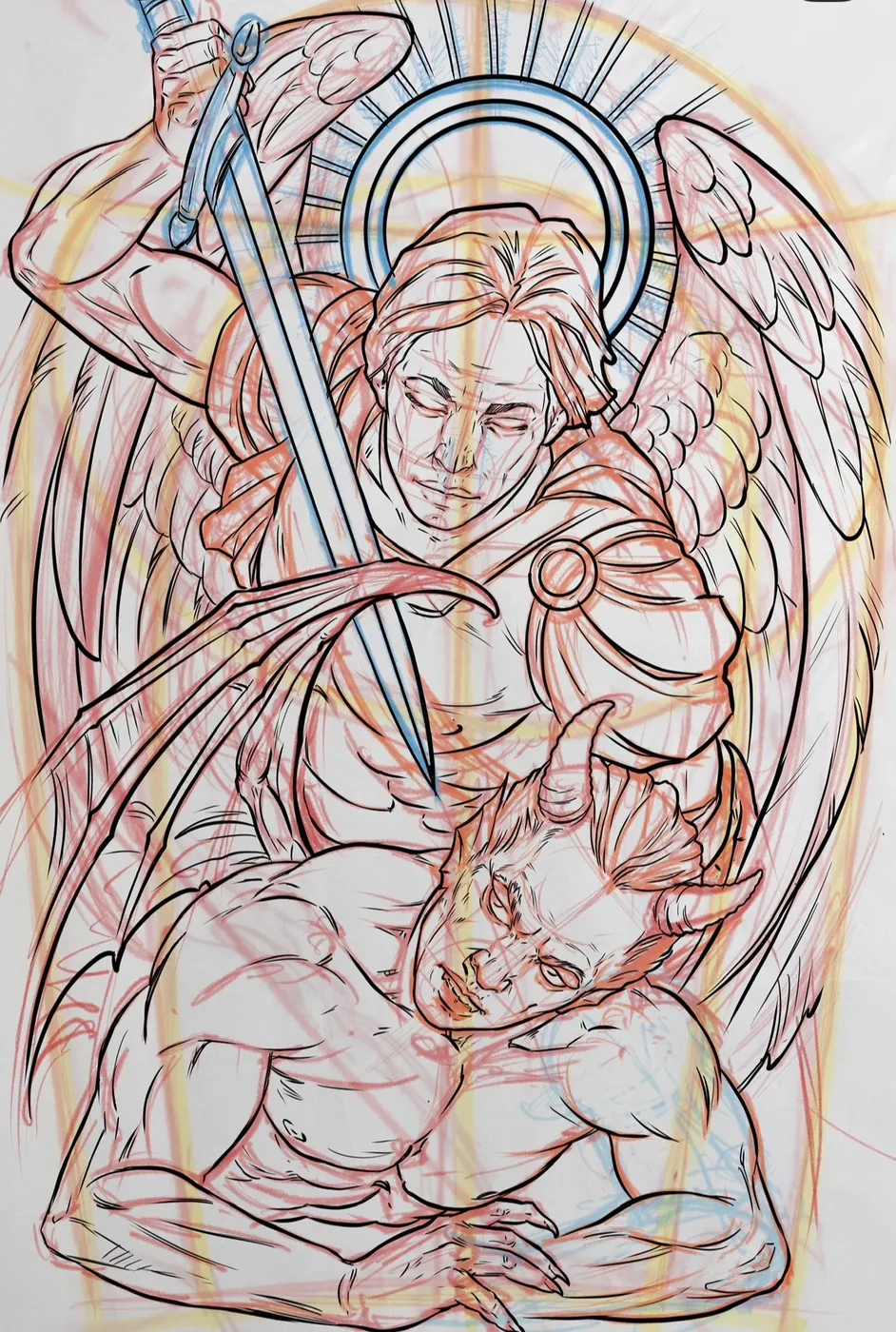 Custom tattoo sketch — Archangel defeating demon pencil — original drawing by Terry Ribera, Remington Tattoo San Diego
