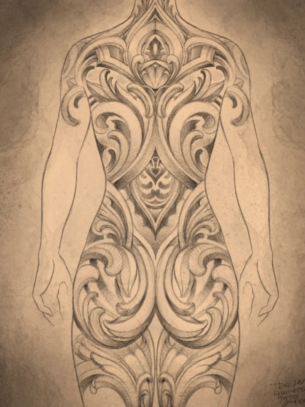 Custom tattoo sketch — Art Nouveau floral scroll bodysuit pencil — original drawing by Terry Ribera, Remington Tattoo San Diego