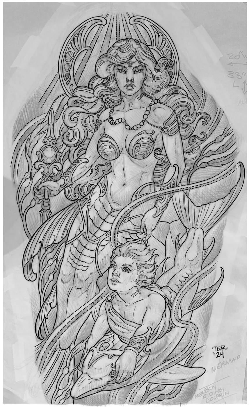 Custom tattoo sketch — Art Nouveau mermaid mother and child sleeve pencil — original drawing by Terry Ribera, Remington Tattoo San Diego