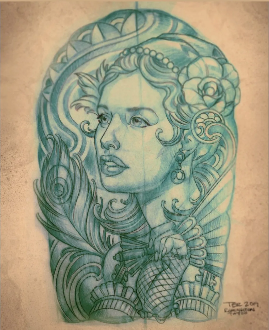 Custom tattoo sketch — Art Nouveau woman portrait blue pencil — original drawing by Terry Ribera, Remington Tattoo San Diego