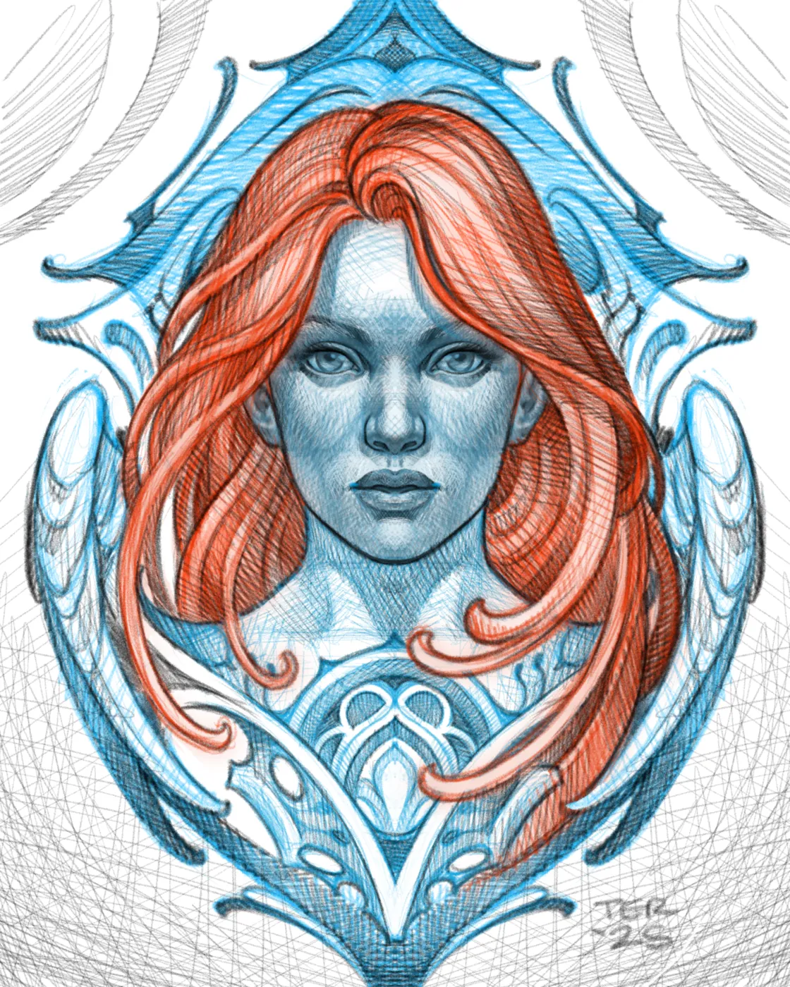 Custom tattoo sketch — Art Nouveau woman redhead portrait blue and red pencil — original drawing by Terry Ribera, Remington Tattoo San Diego