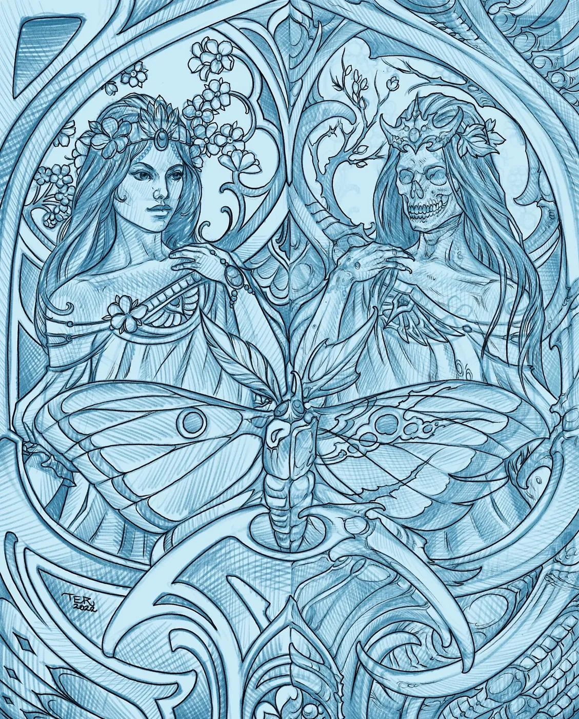 Custom tattoo sketch — Art Nouveau woman skeleton moth blue pencil — original drawing by Terry Ribera, Remington Tattoo San Diego