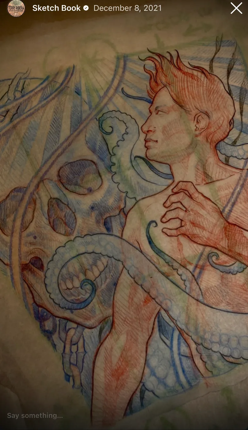 Custom tattoo sketch — Art Nouveau woman snake octopus colored pencil drawn on skin — original drawing by Terry Ribera, Remington Tattoo San Diego