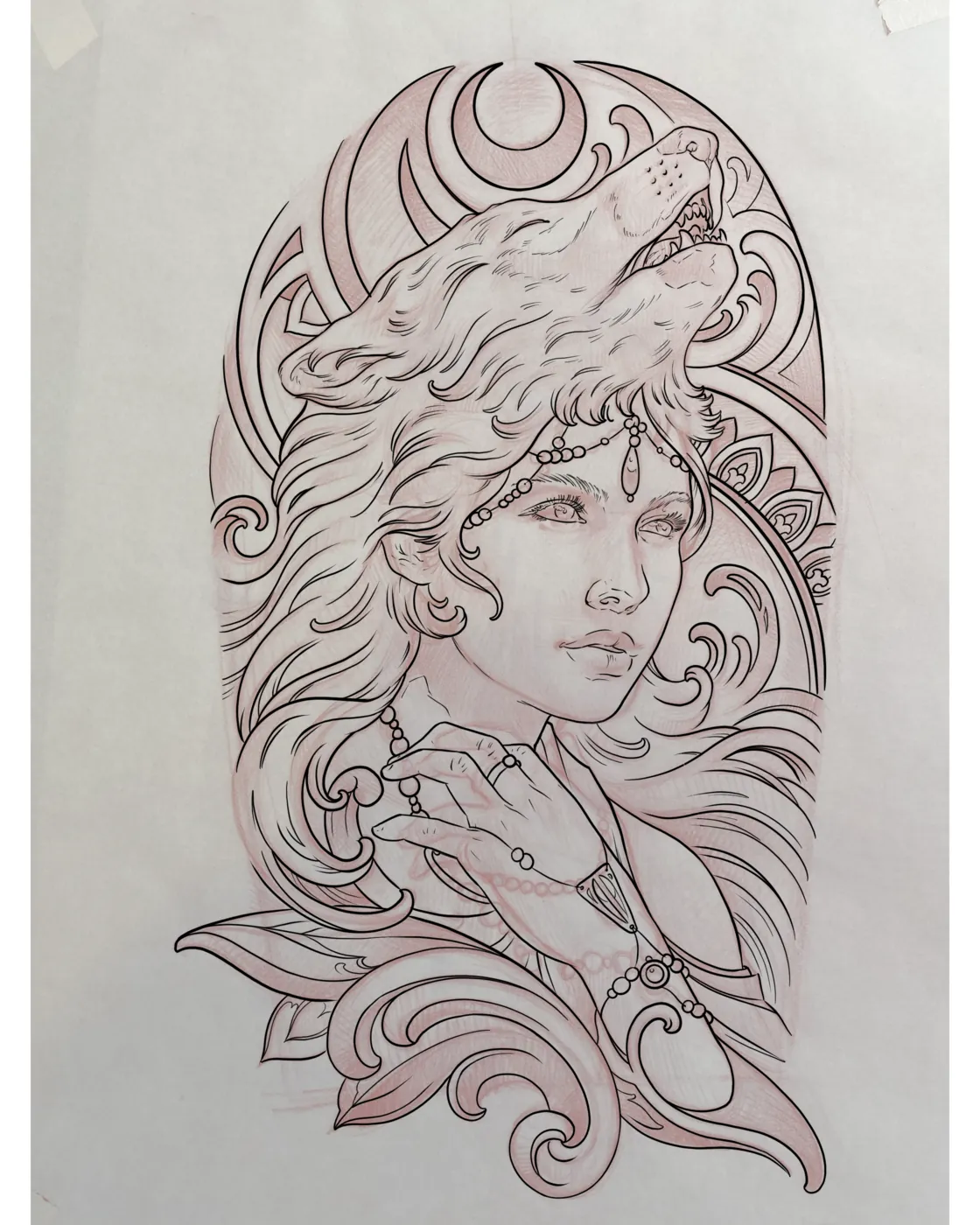 Custom tattoo sketch — Art Nouveau woman wolf moon pencil — original drawing by Terry Ribera, Remington Tattoo San Diego