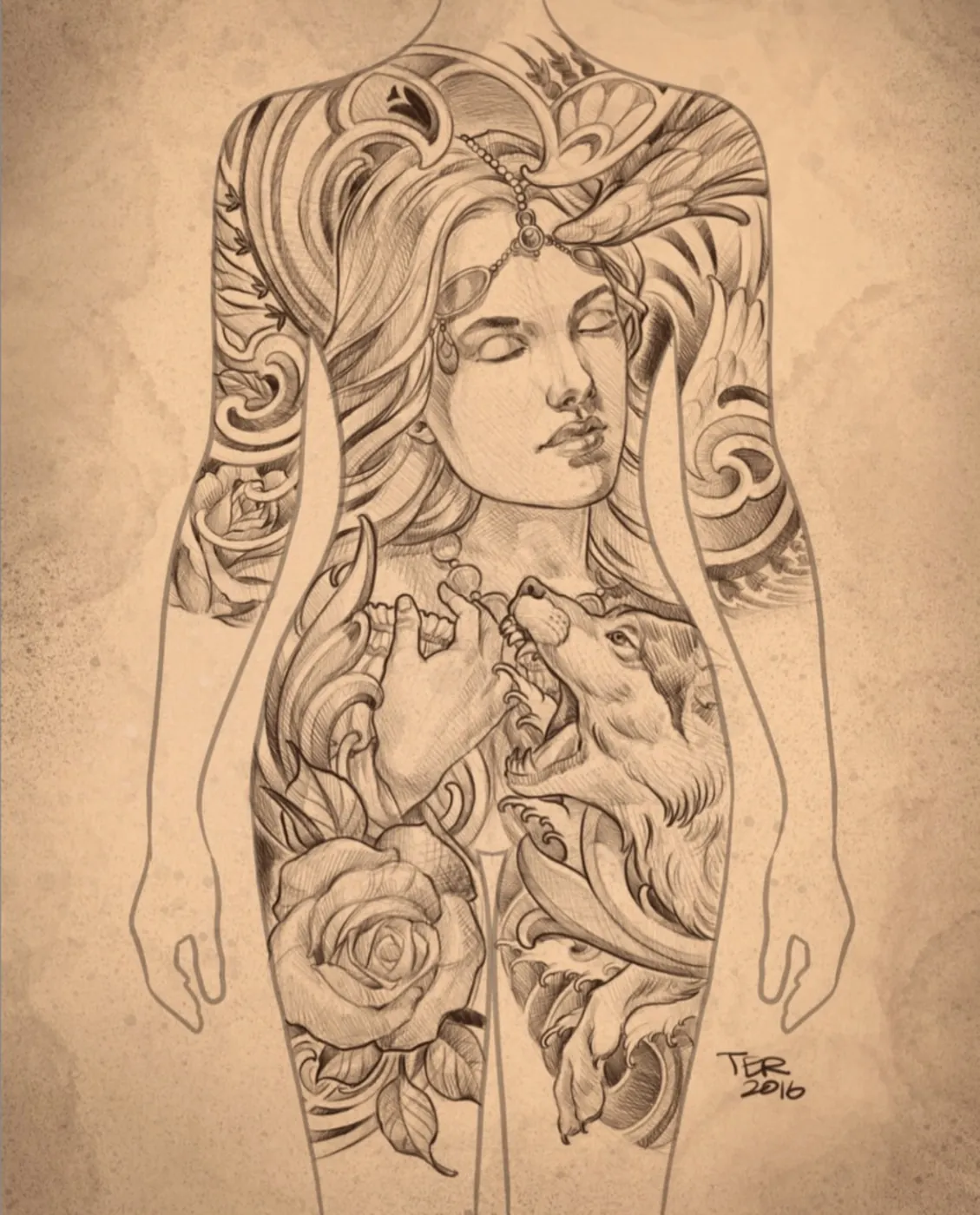 Custom tattoo sketch — Art Nouveau woman wolf rose bodysuit sepia pencil — original drawing by Terry Ribera, Remington Tattoo San Diego
