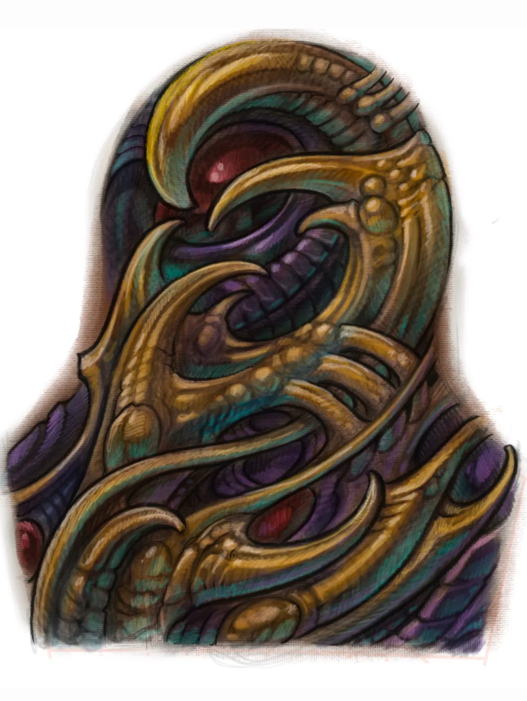 Custom tattoo sketch — Bio-organic back piece gold teal purple colored digital — original drawing by Terry Ribera, Remington Tattoo San Diego