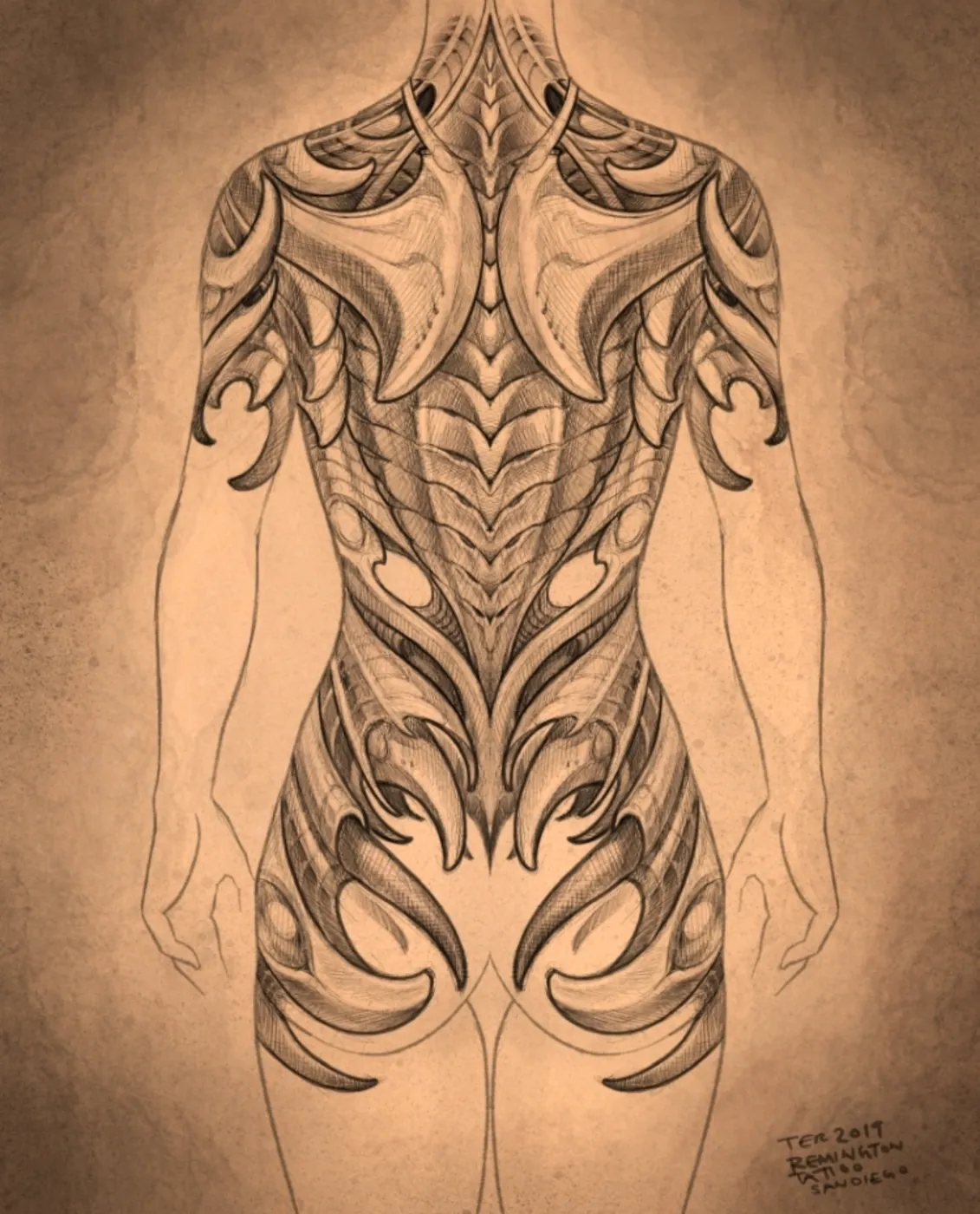 Custom tattoo sketch — Bio-organic back piece pencil — original drawing by Terry Ribera, Remington Tattoo San Diego