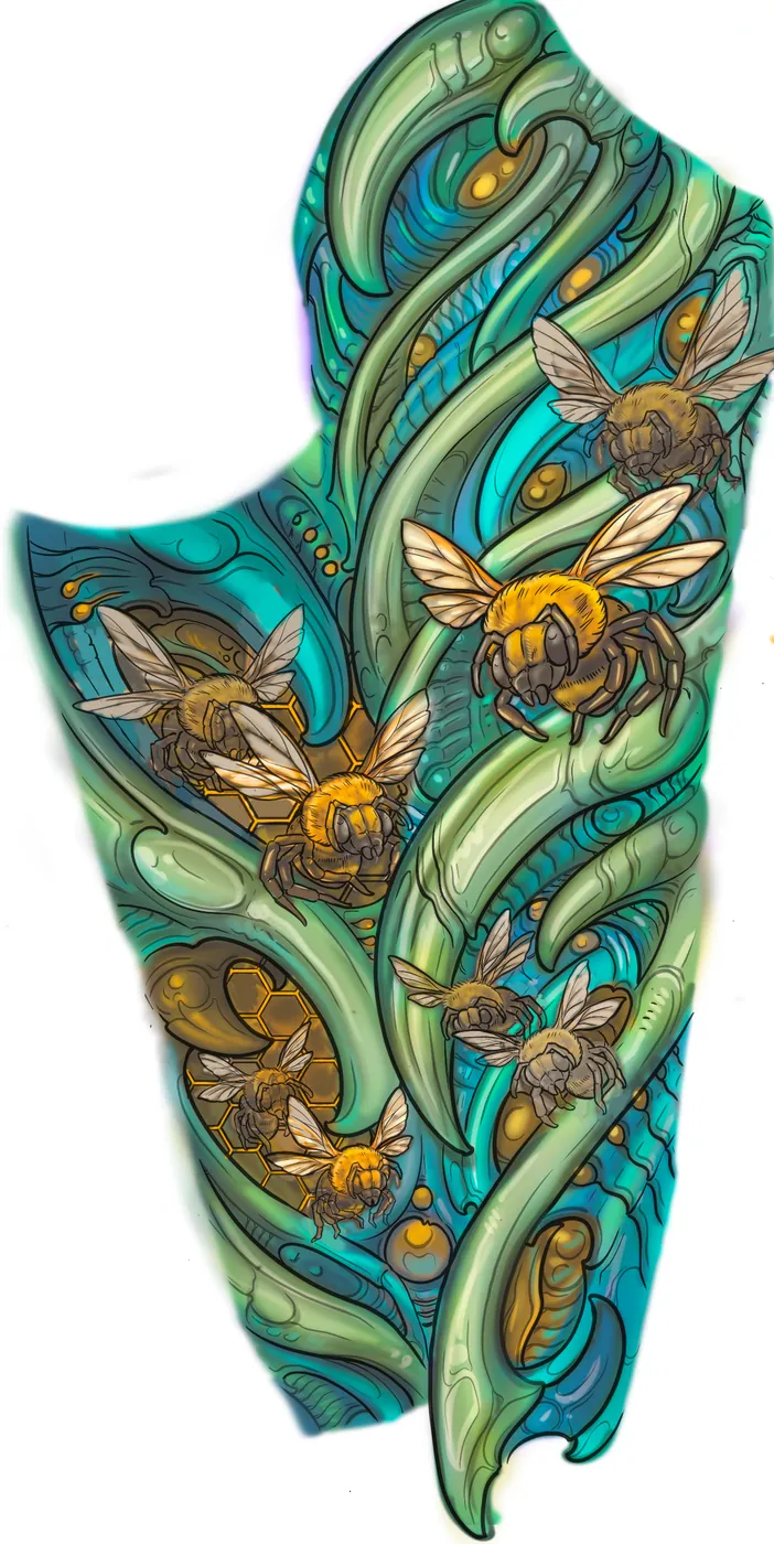 Custom tattoo sketch — Bio-organic bees teal sleeve colored digital — original drawing by Terry Ribera, Remington Tattoo San Diego