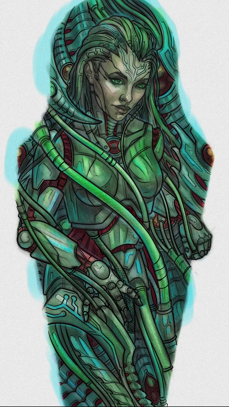 Custom tattoo sketch — Bio-organic cyborg woman green sleeve digital — original drawing by Terry Ribera, Remington Tattoo San Diego