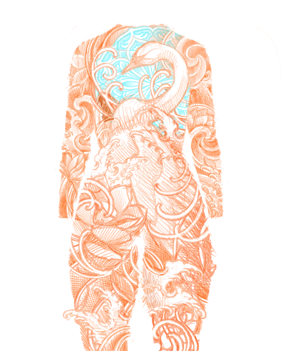 Custom tattoo sketch — Bio-organic female bodysuit blue and red digital — original drawing by Terry Ribera, Remington Tattoo San Diego