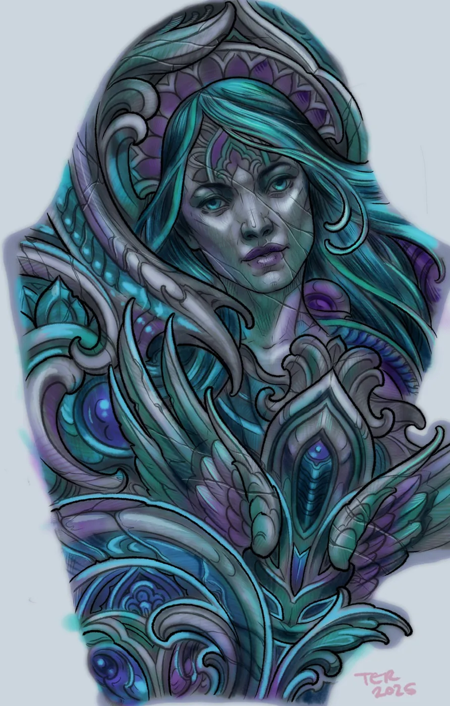 Custom tattoo sketch — Bio-organic goddess woman teal sleeve digital — original drawing by Terry Ribera, Remington Tattoo San Diego