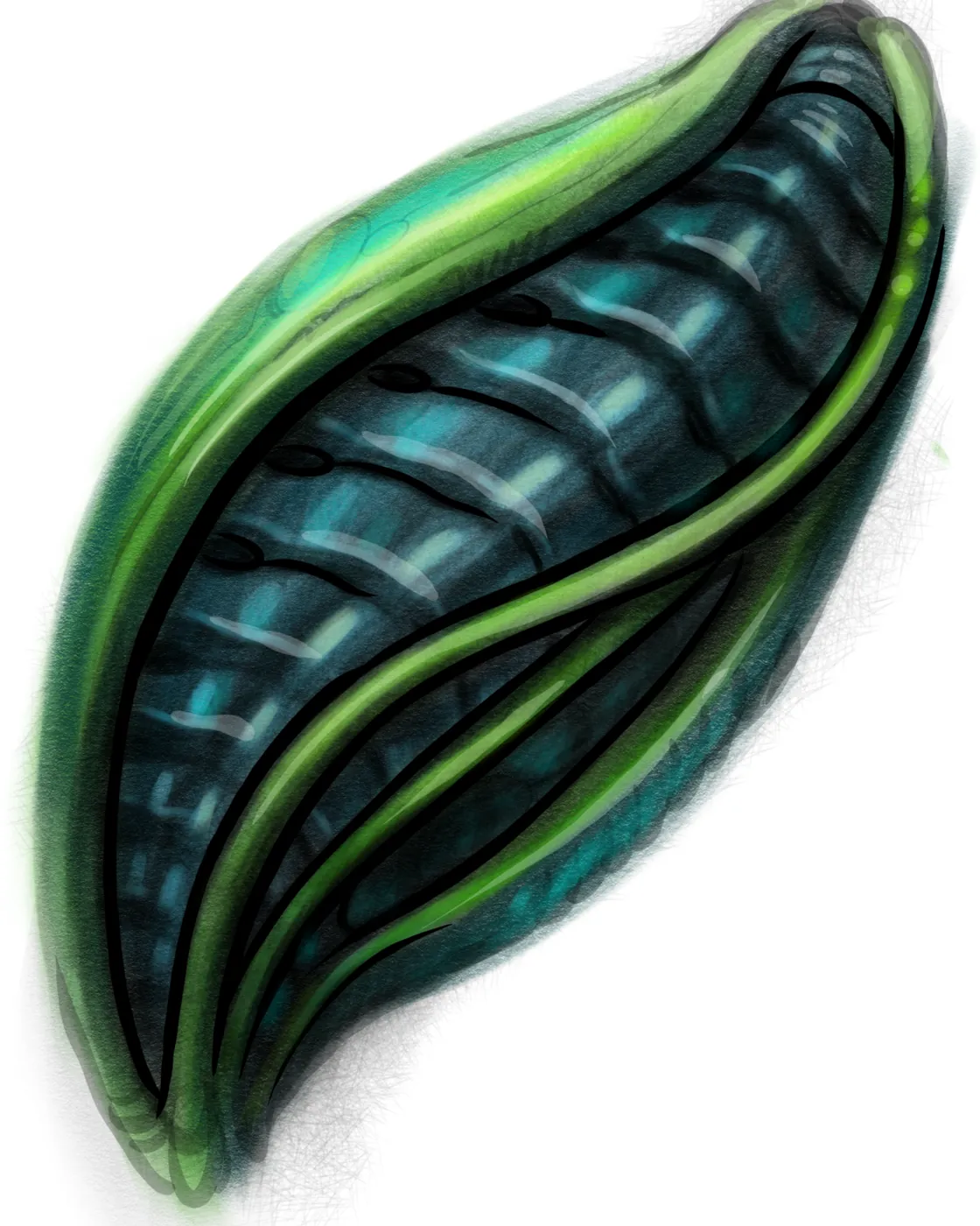 Custom tattoo sketch — Bio-organic seed pod form green digital study — original drawing by Terry Ribera, Remington Tattoo San Diego