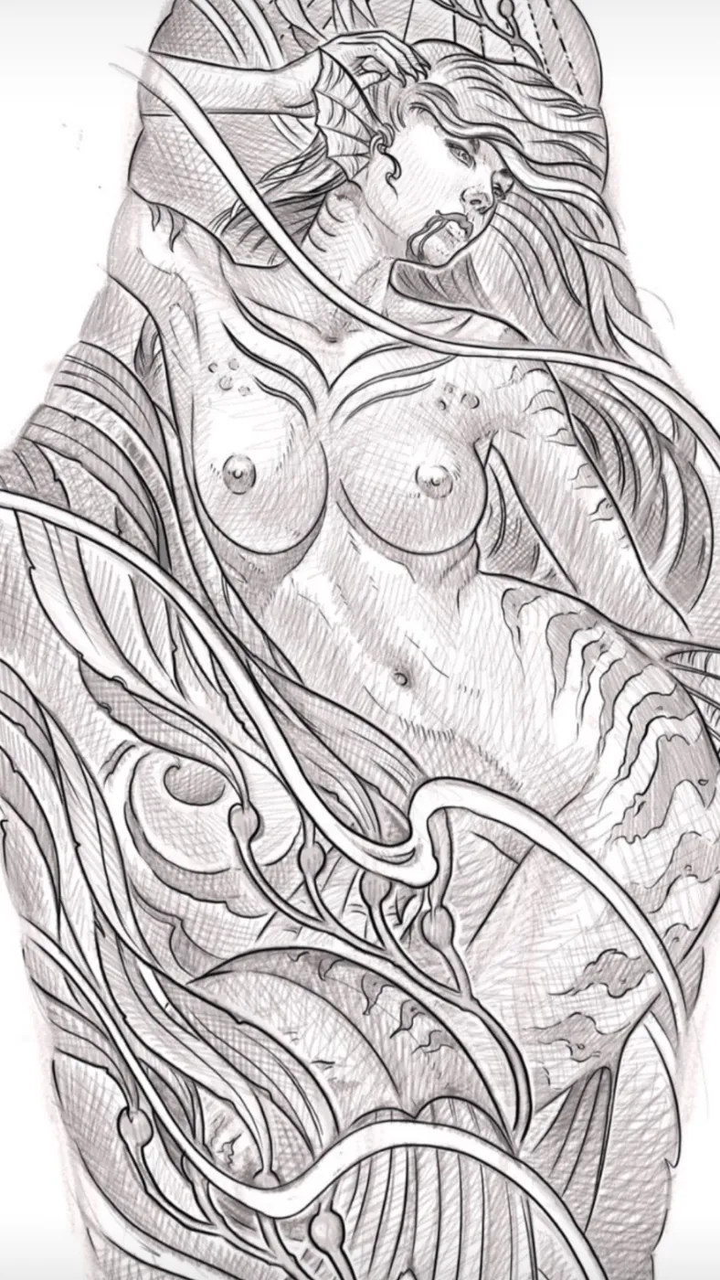 Custom tattoo sketch — Bio-organic woman flowing hair sleeve pencil — original drawing by Terry Ribera, Remington Tattoo San Diego