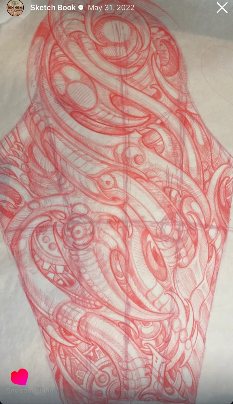 Custom tattoo sketch — Biomechanical back piece red pencil stencil drawn on skin — original drawing by Terry Ribera, Remington Tattoo San Diego