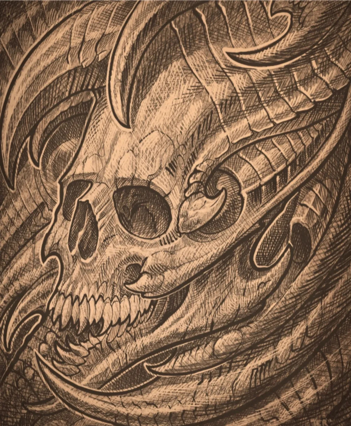 Custom tattoo sketch — Biomechanical dragon skull sepia pencil — original drawing by Terry Ribera, Remington Tattoo San Diego