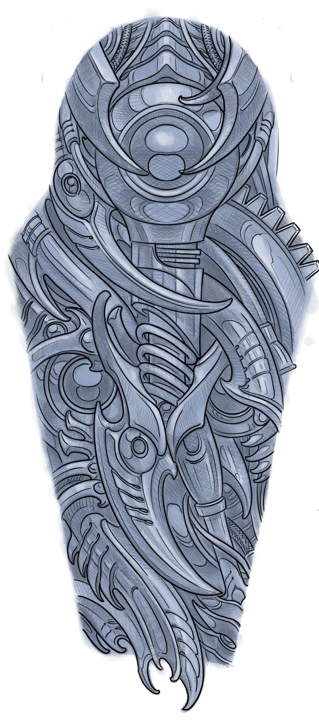 Custom tattoo sketch — Biomechanical half sleeve grey digital — original drawing by Terry Ribera, Remington Tattoo San Diego