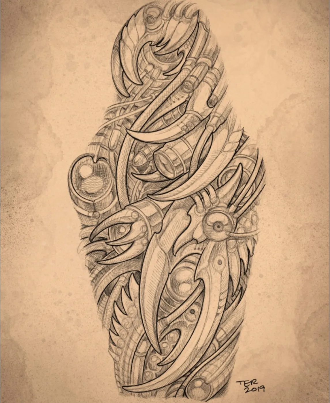 Custom tattoo sketch — Biomechanical half sleeve pencil — original drawing by Terry Ribera, Remington Tattoo San Diego