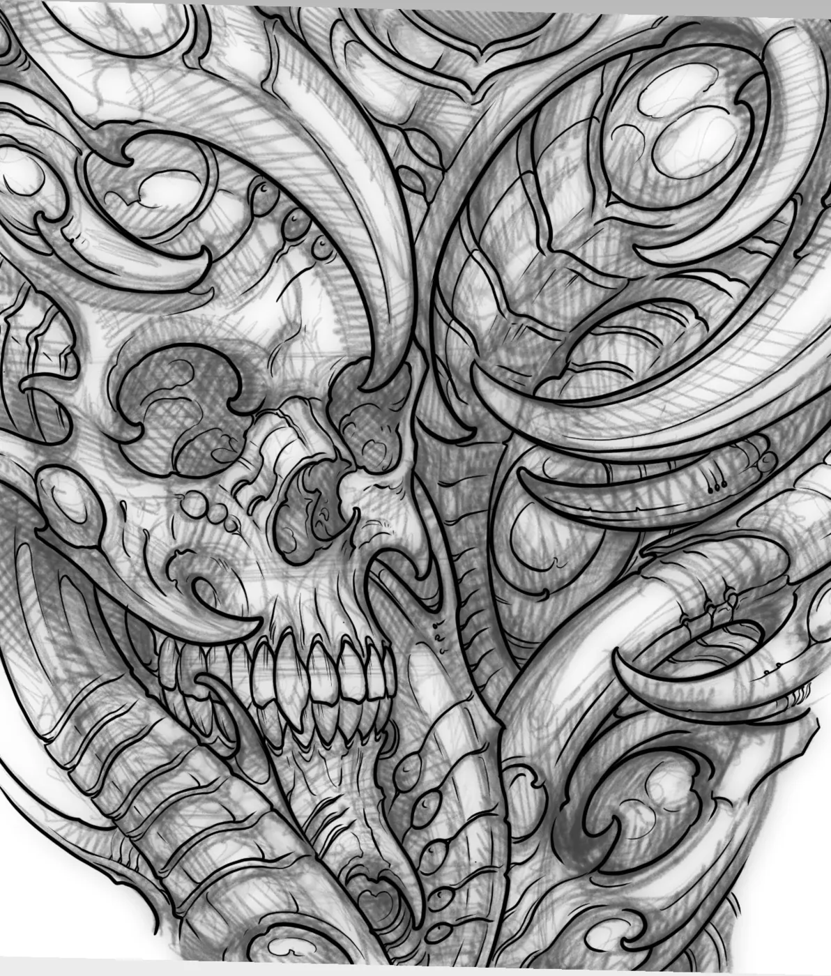 Custom tattoo sketch — Biomechanical skull chest digital pencil — original drawing by Terry Ribera, Remington Tattoo San Diego