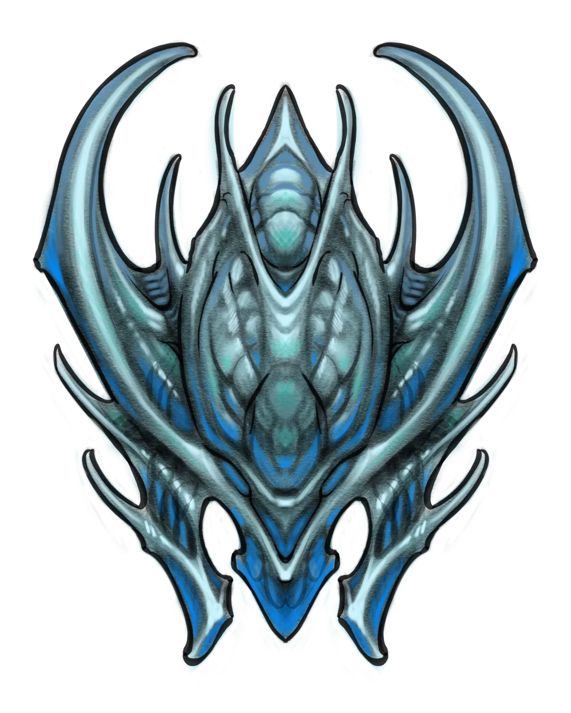 Custom tattoo sketch — Biomechanical symmetric creature blue silver digital — original drawing by Terry Ribera, Remington Tattoo San Diego