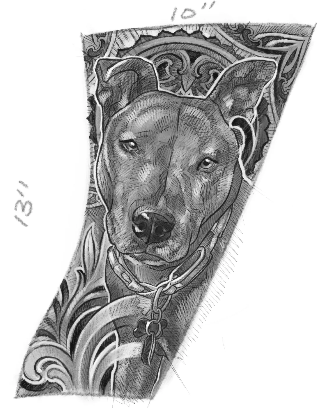 Custom tattoo sketch — Dog portrait ornamental sleeve pencil — original drawing by Terry Ribera, Remington Tattoo San Diego