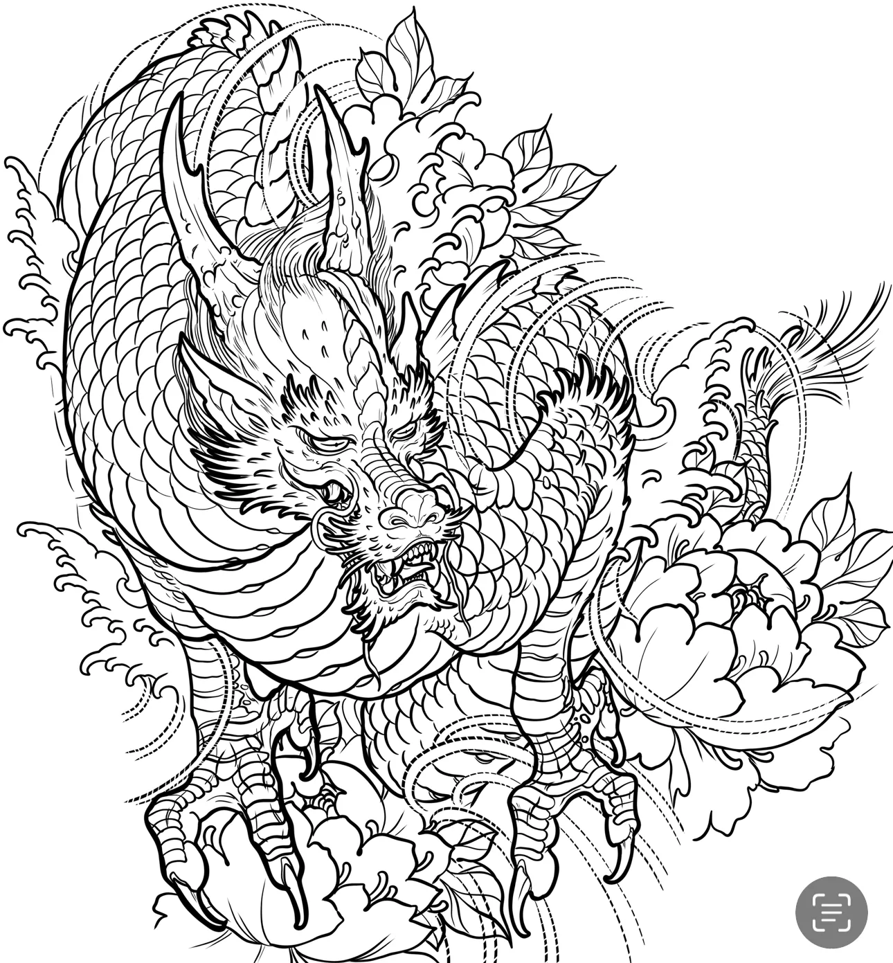 Custom tattoo sketch — Dragon kirin peony linework — original drawing by Terry Ribera, Remington Tattoo San Diego
