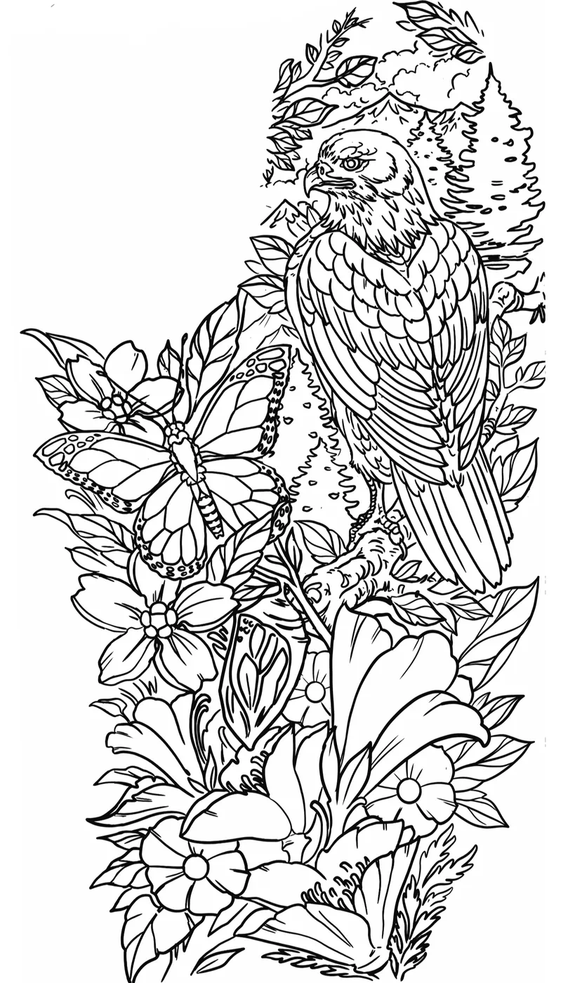 Custom tattoo sketch — Eagle butterfly flowers nature sleeve linework — original drawing by Terry Ribera, Remington Tattoo San Diego