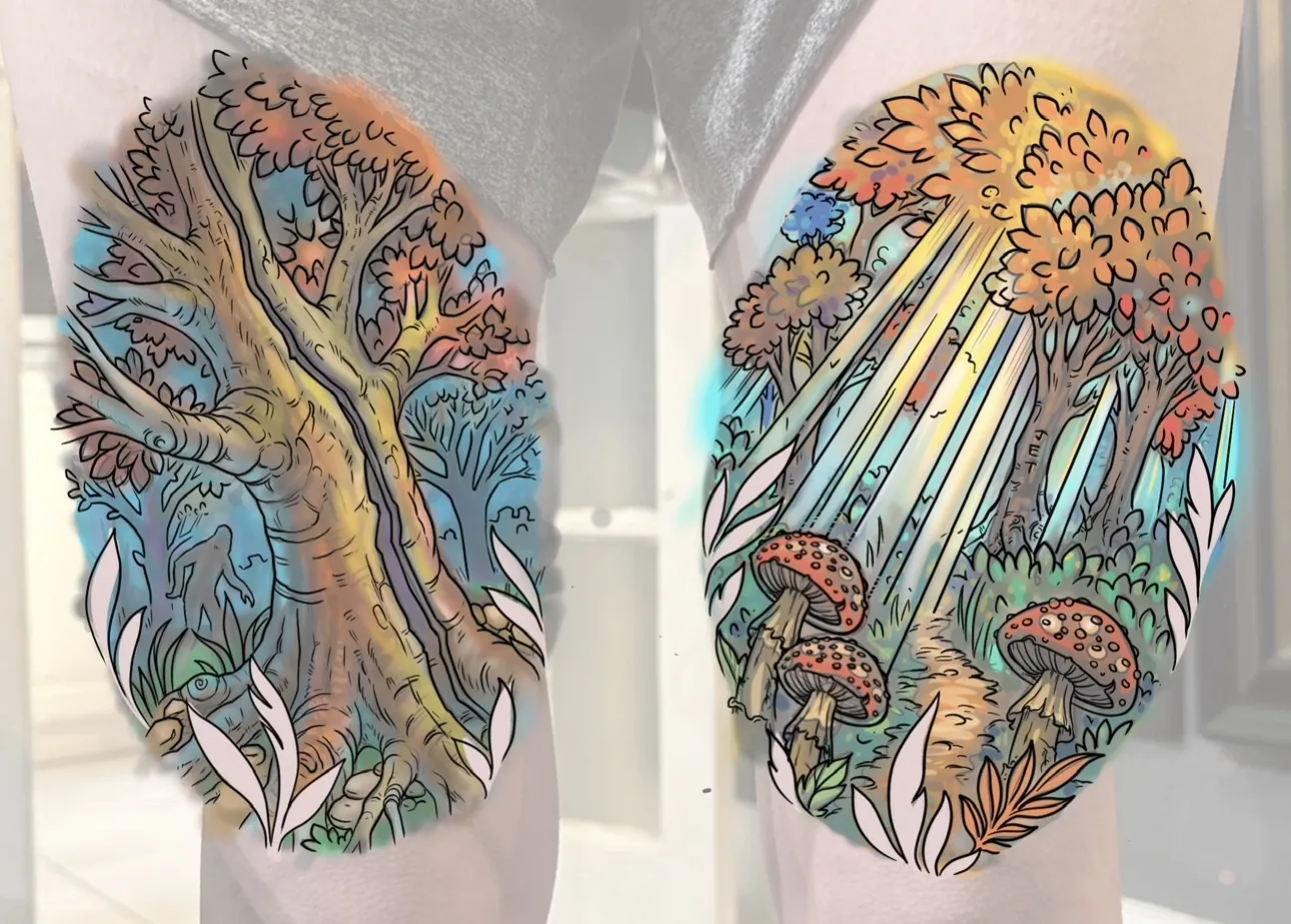 Custom tattoo sketch — Enchanted forest mushroom thigh colored digital — original drawing by Terry Ribera, Remington Tattoo San Diego
