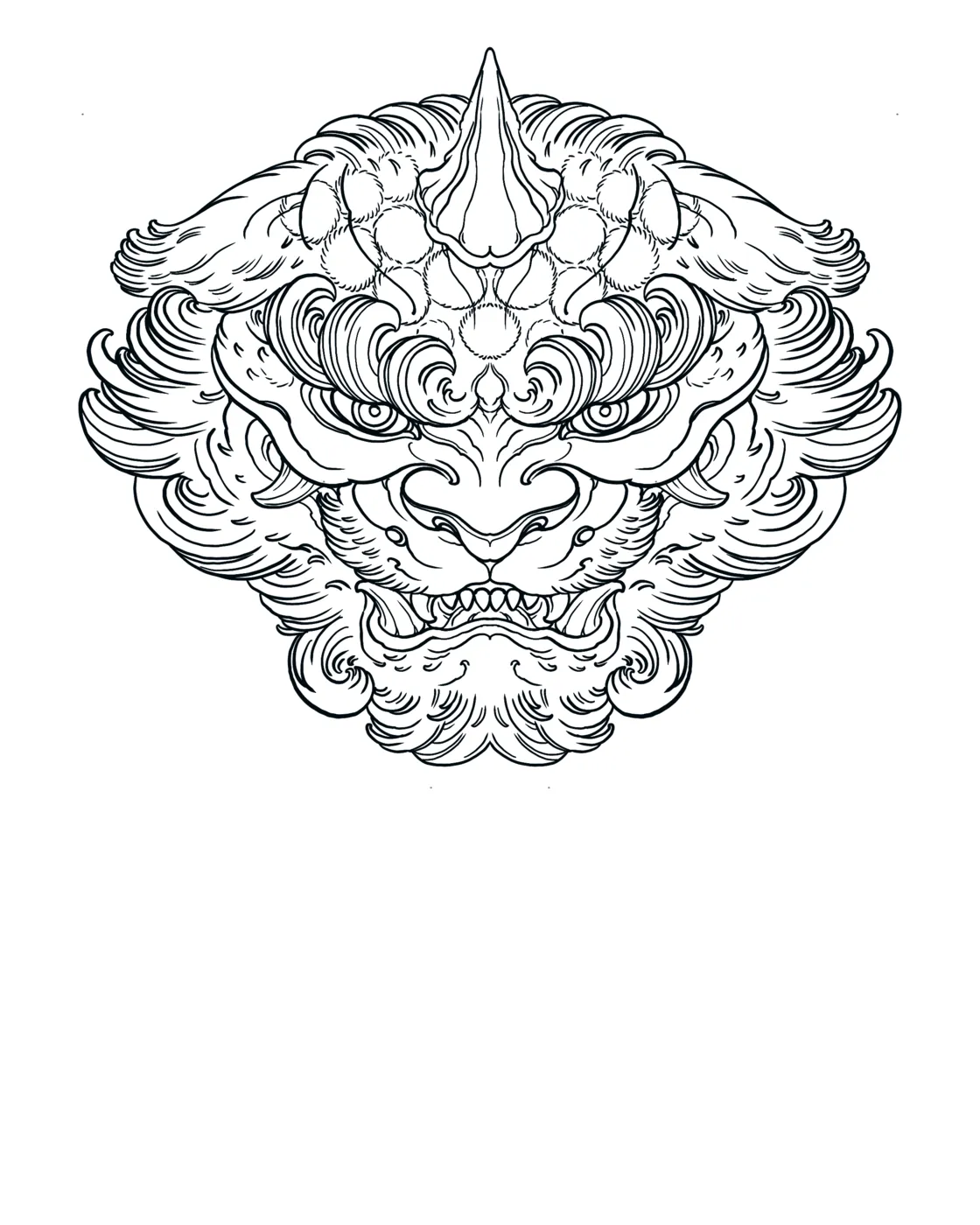 Custom tattoo sketch — Foo dog Japanese linework pencil — original drawing by Terry Ribera, Remington Tattoo San Diego