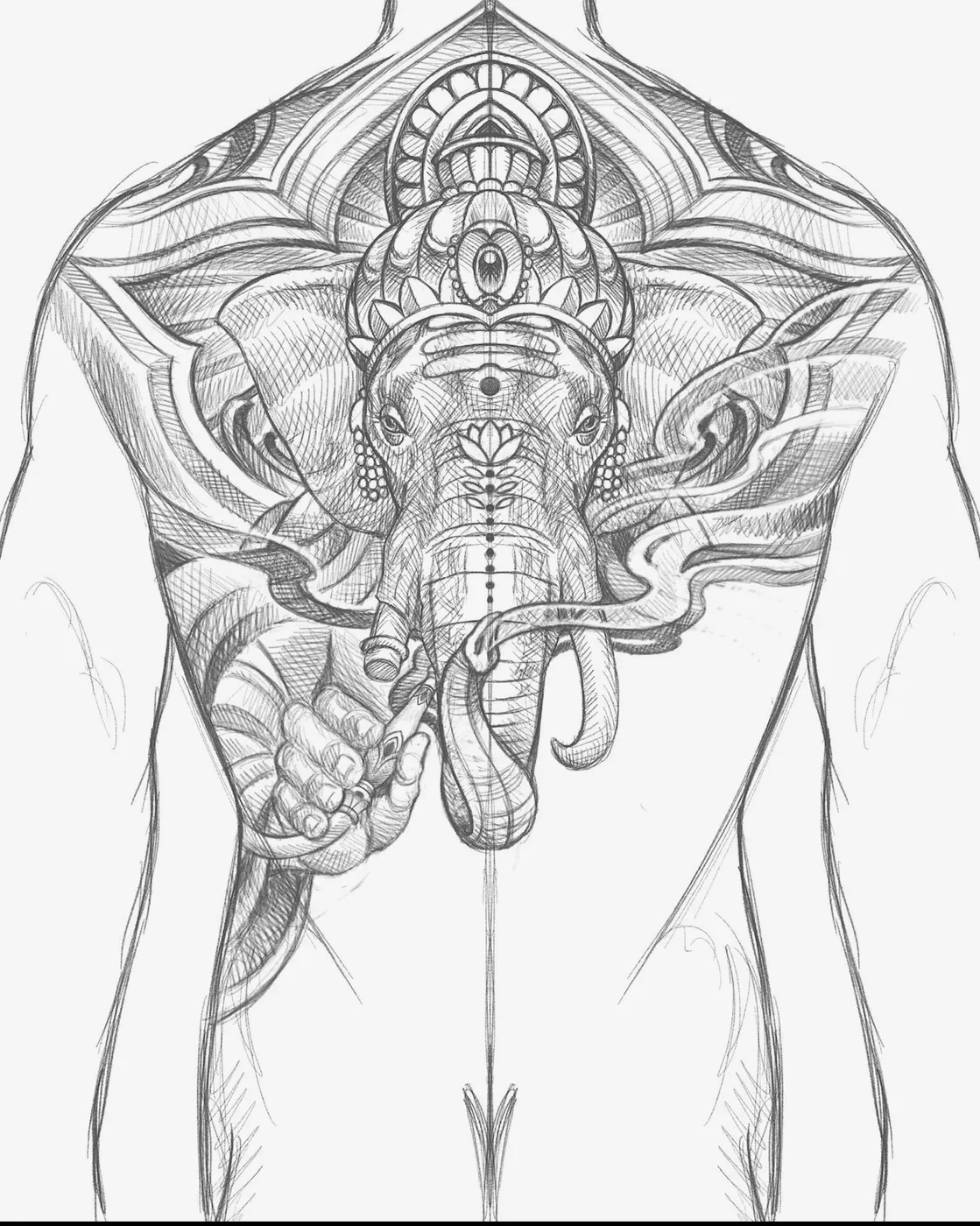 Custom tattoo sketch — Ganesha elephant mandala back piece pencil — original drawing by Terry Ribera, Remington Tattoo San Diego