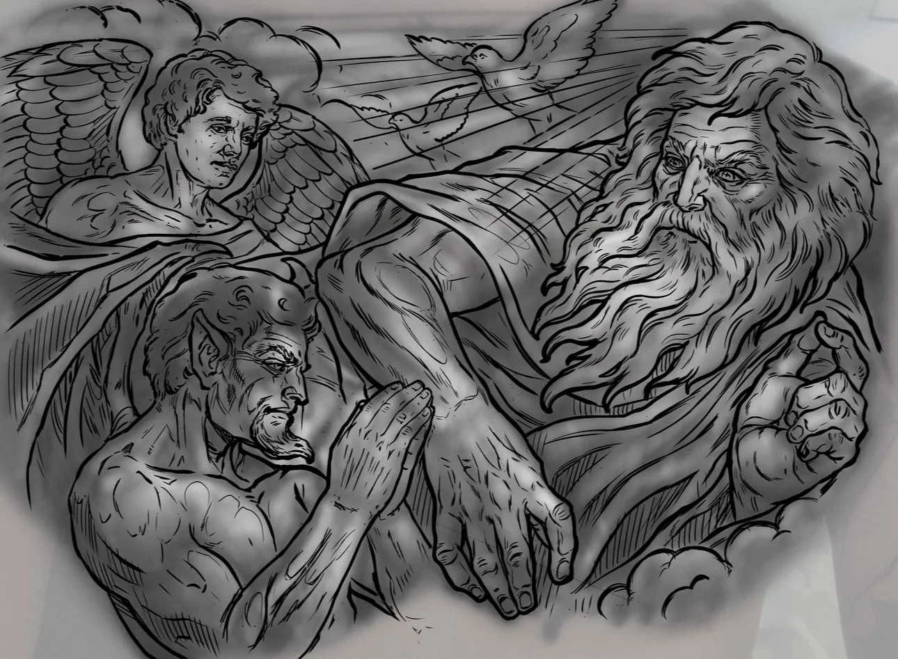 Custom tattoo sketch — God angel werewolf biblical scene digital — original drawing by Terry Ribera, Remington Tattoo San Diego