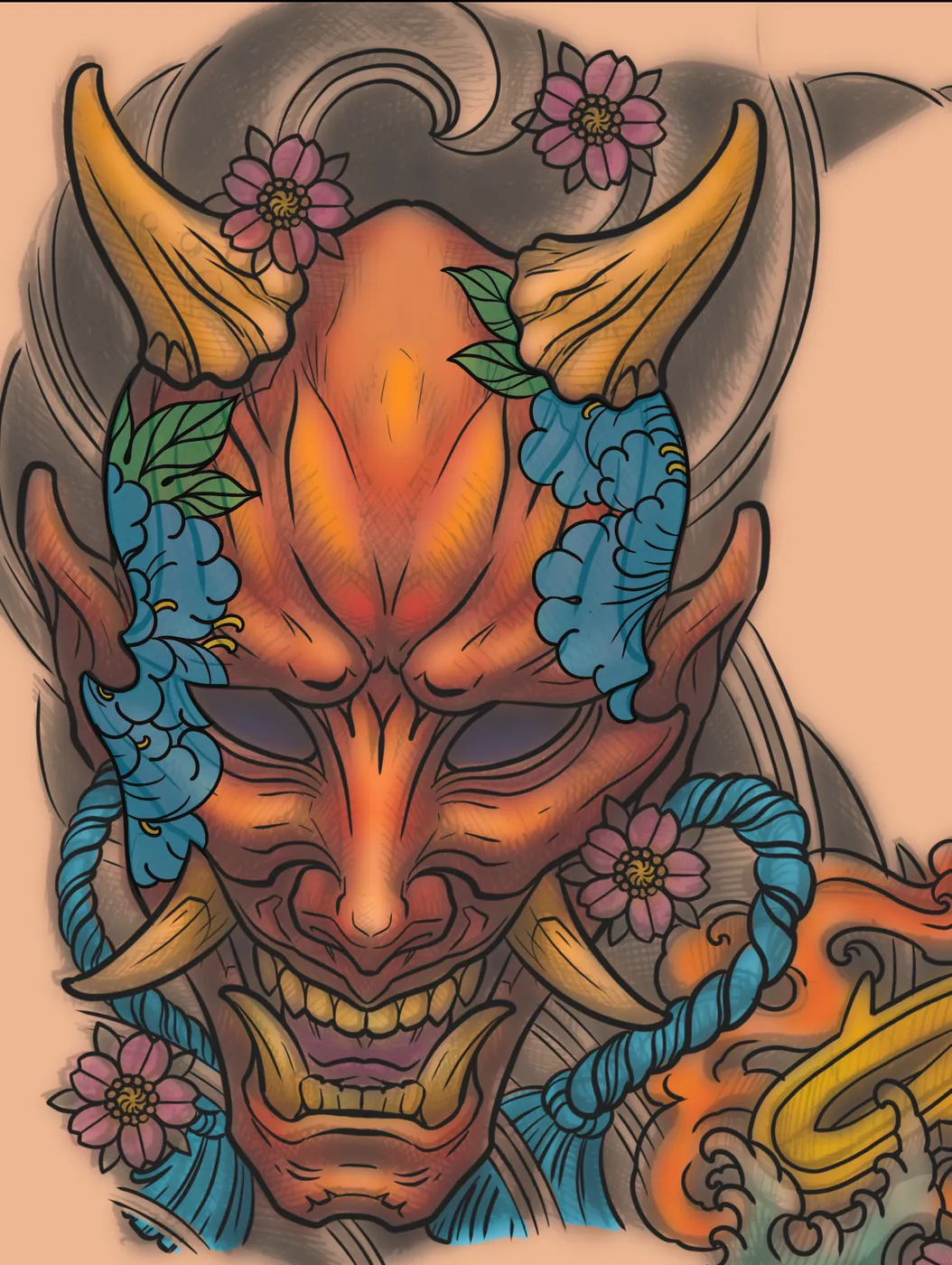 Custom tattoo sketch — Hannya mask blue peony flowers colored digital — original drawing by Terry Ribera, Remington Tattoo San Diego