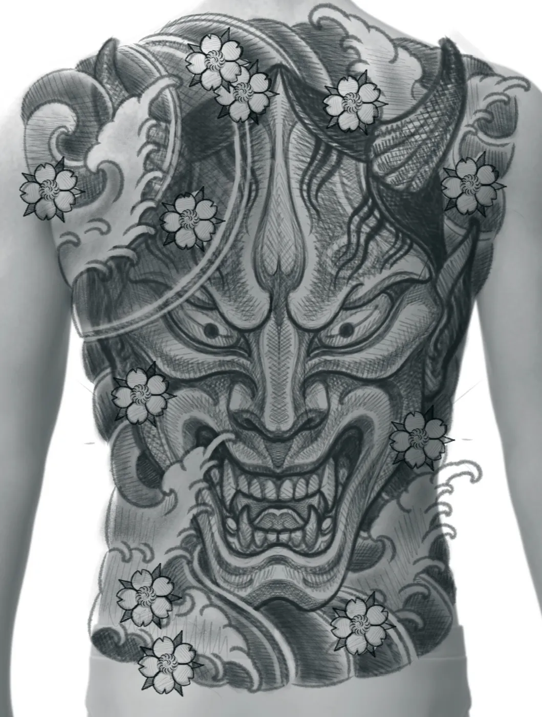 Custom tattoo sketch — Hannya mask cherry blossom full back digital — original drawing by Terry Ribera, Remington Tattoo San Diego