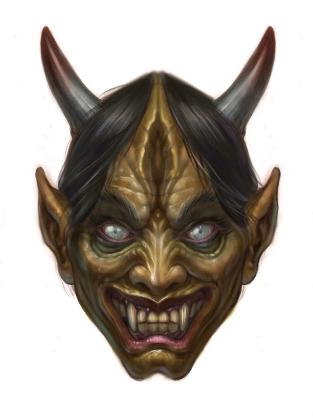 Custom tattoo sketch — Hannya mask portrait realistic colored digital — original drawing by Terry Ribera, Remington Tattoo San Diego