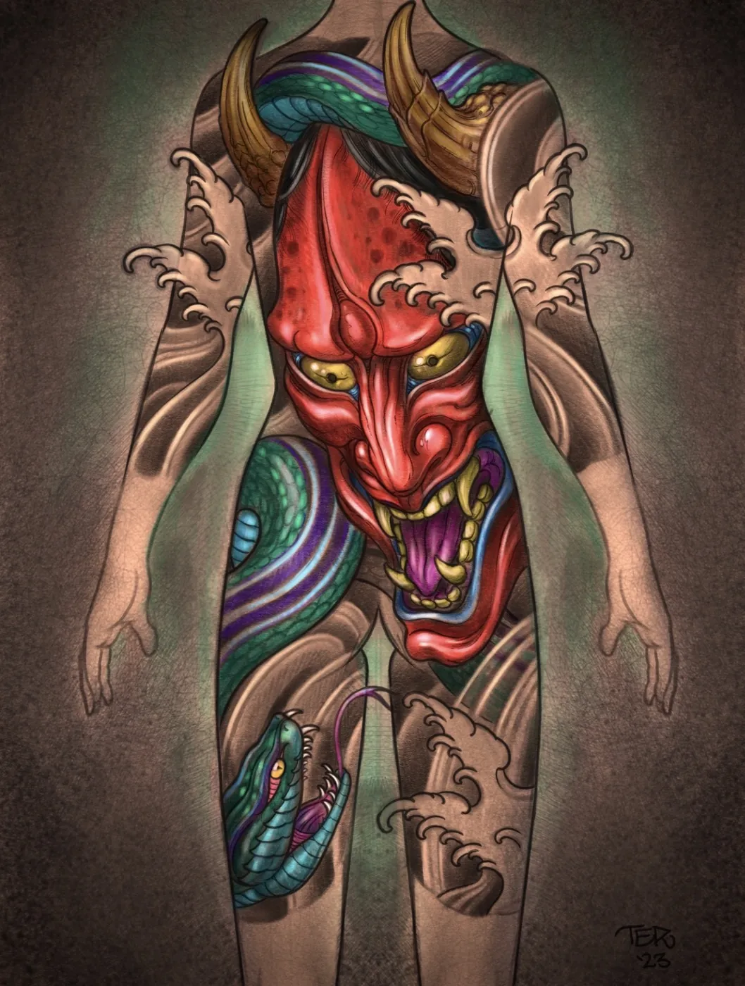 Custom tattoo sketch — Hannya mask snake bodysuit colored digital — original drawing by Terry Ribera, Remington Tattoo San Diego
