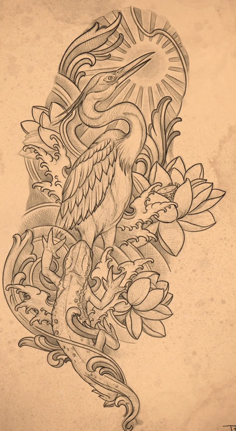 Custom tattoo sketch — Heron crane lotus waves ornamental pencil — original drawing by Terry Ribera, Remington Tattoo San Diego