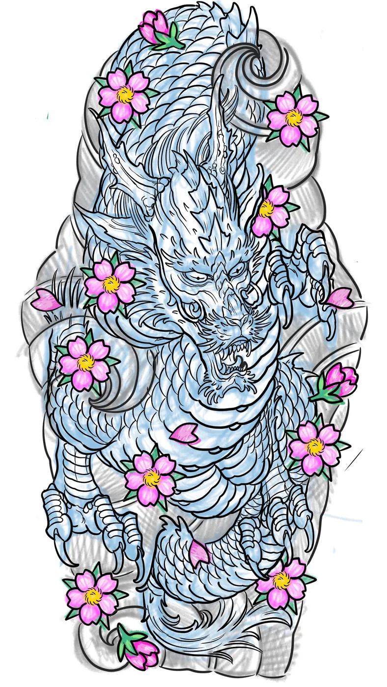 Custom tattoo sketch — Japanese dragon cherry blossom colored digital — original drawing by Terry Ribera, Remington Tattoo San Diego