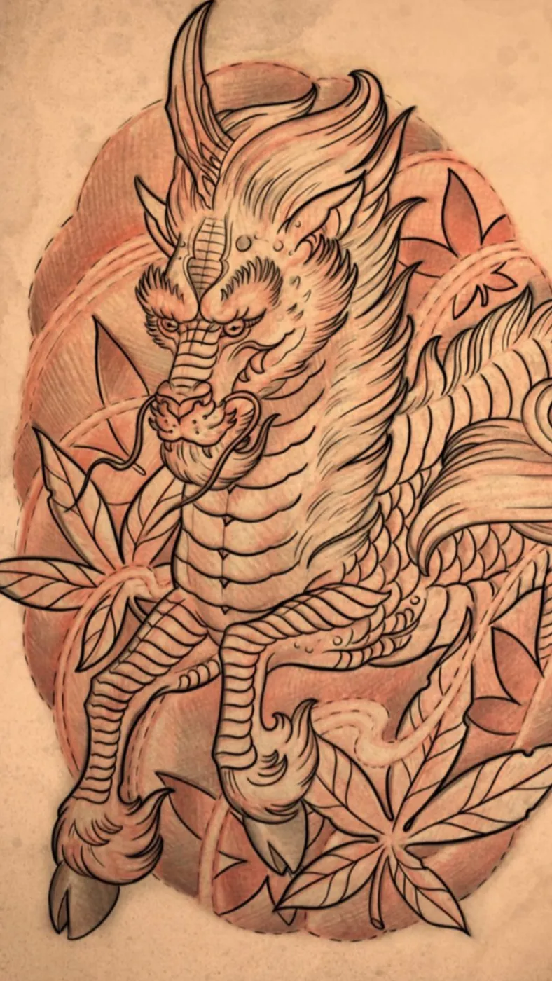 Custom tattoo sketch — Japanese dragon kirin maple leaf red pencil — original drawing by Terry Ribera, Remington Tattoo San Diego