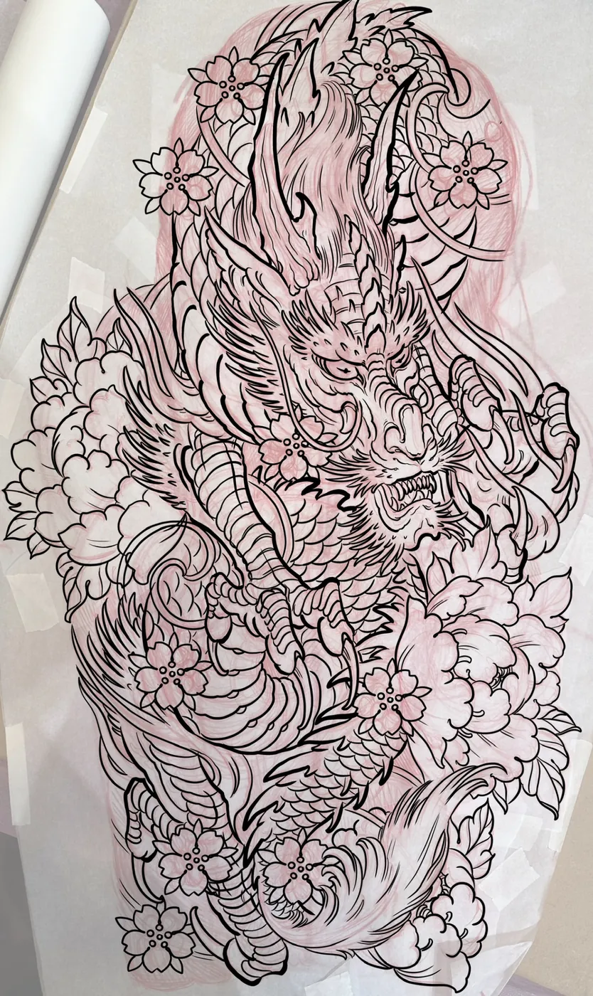 Custom tattoo sketch — Japanese dragon peony cherry blossom back piece pencil — original drawing by Terry Ribera, Remington Tattoo San Diego