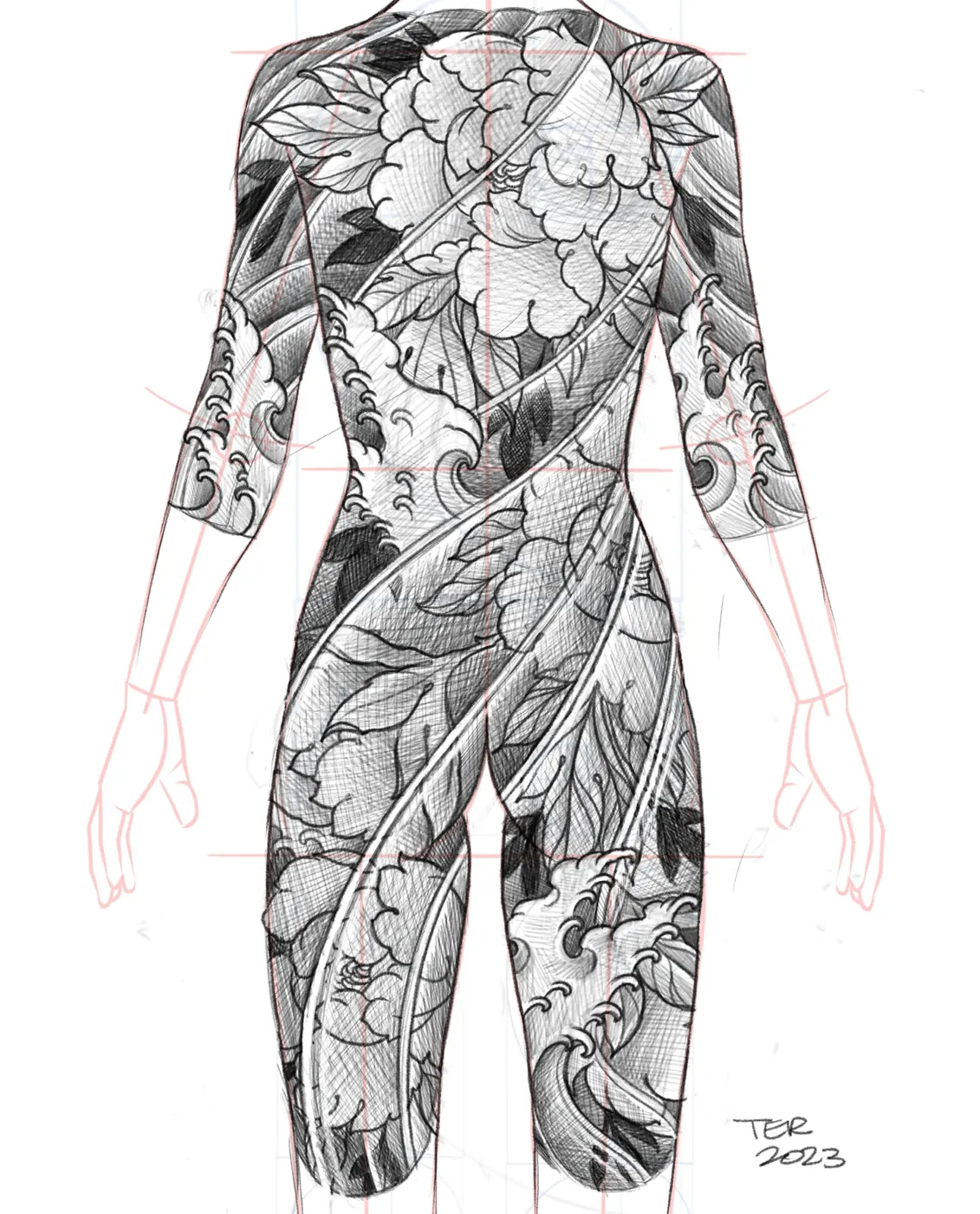 Custom tattoo sketch — Japanese peony waves bodysuit layout — original drawing by Terry Ribera, Remington Tattoo San Diego