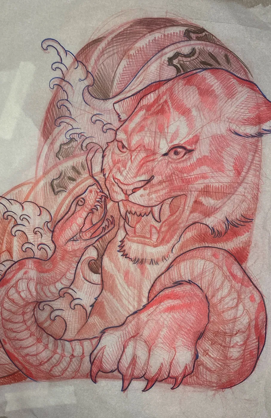 Custom tattoo sketch — Japanese tiger and snake red pencil — original drawing by Terry Ribera, Remington Tattoo San Diego