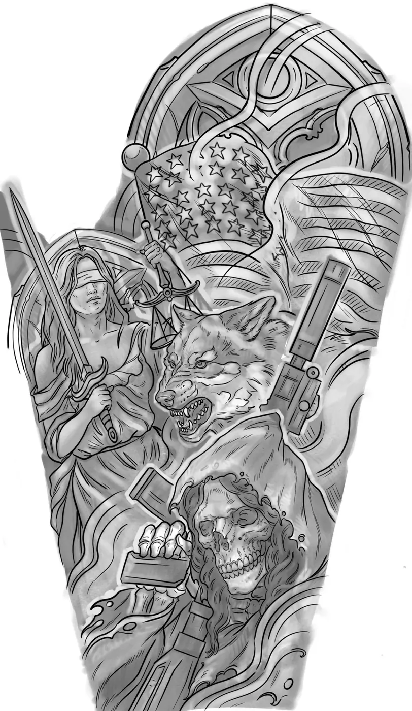 Custom tattoo sketch — Justice wolf skeleton American flag sleeve digital — original drawing by Terry Ribera, Remington Tattoo San Diego
