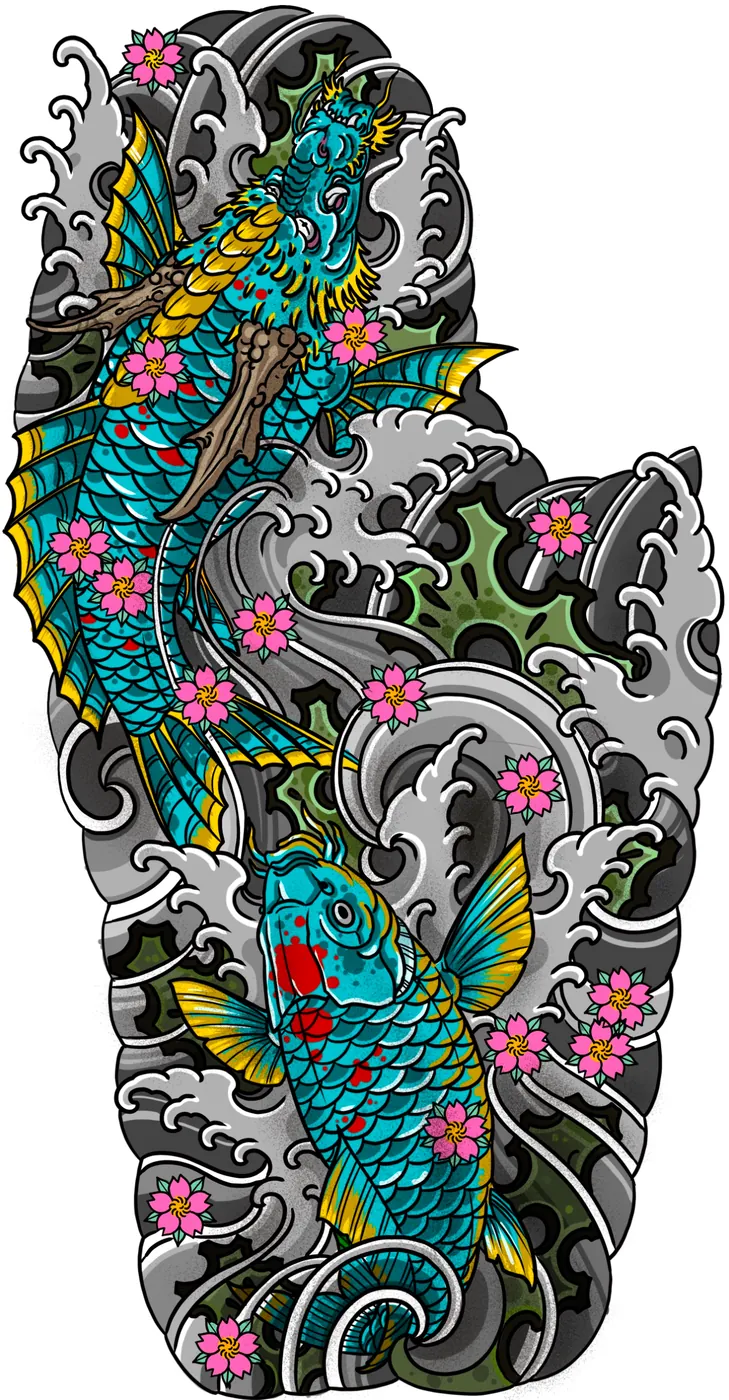 Custom tattoo sketch — Koi dragon cherry blossom sleeve colored digital — original drawing by Terry Ribera, Remington Tattoo San Diego