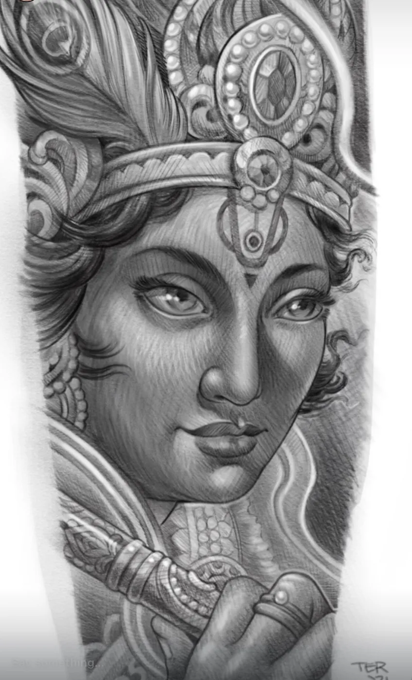 Custom tattoo sketch — Krishna portrait pencil — original drawing by Terry Ribera, Remington Tattoo San Diego