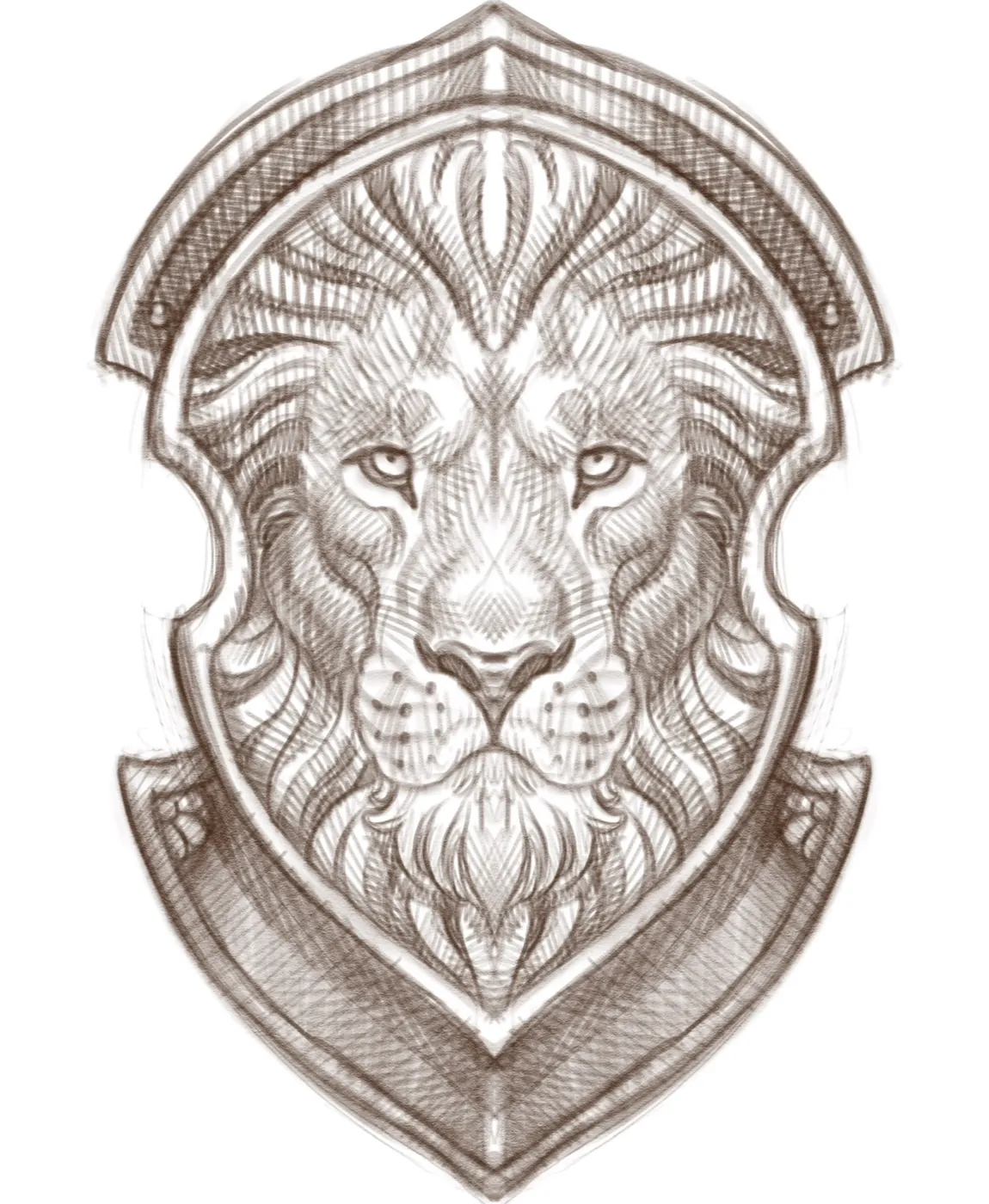 Custom tattoo sketch — Lion head ornamental crest sepia pencil — original drawing by Terry Ribera, Remington Tattoo San Diego