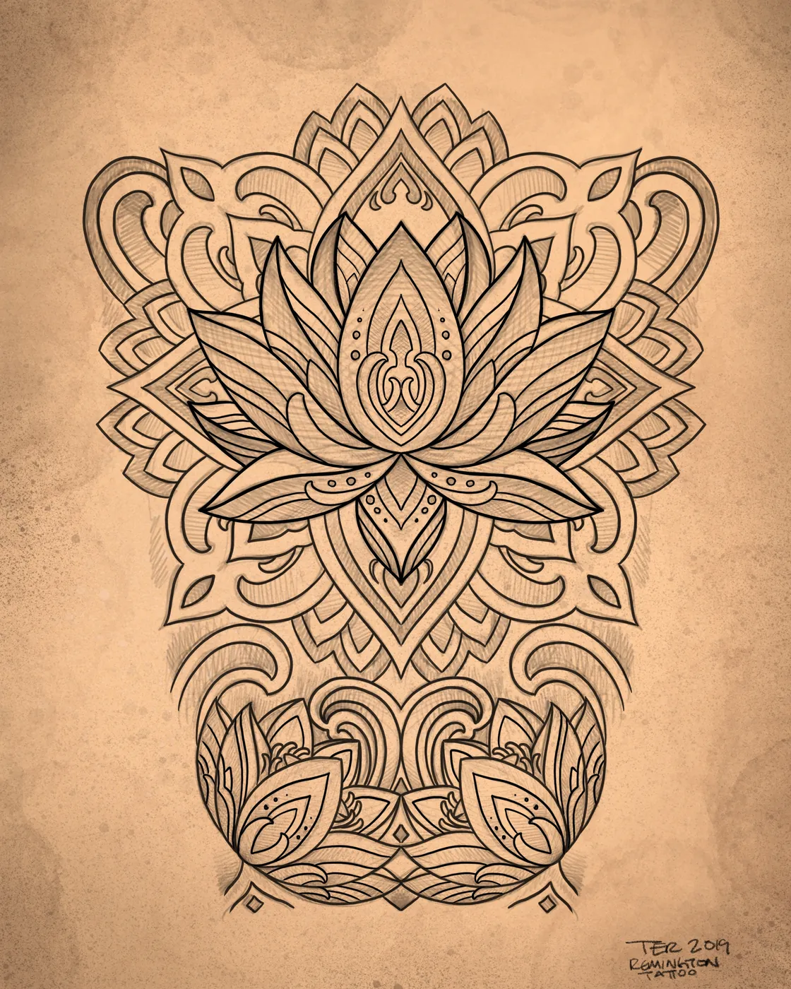 Custom tattoo sketch — Lotus mandala ornamental pencil — original drawing by Terry Ribera, Remington Tattoo San Diego