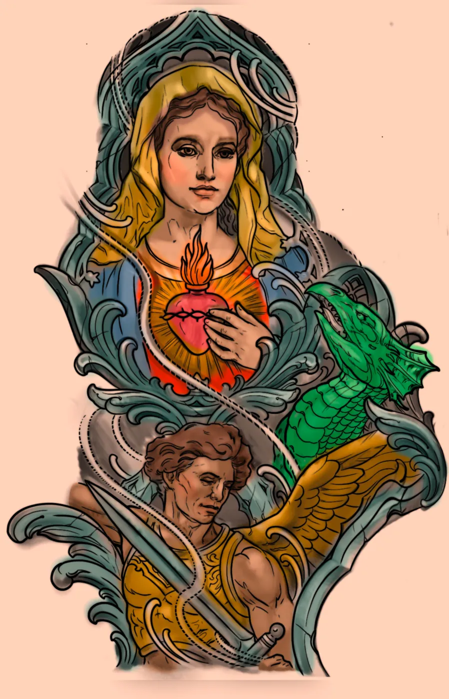 Custom tattoo sketch — Madonna sacred heart angel dragon colored digital — original drawing by Terry Ribera, Remington Tattoo San Diego
