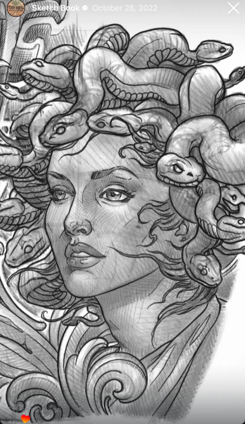 Custom tattoo sketch — Medusa portrait snakes ornamental pencil — original drawing by Terry Ribera, Remington Tattoo San Diego