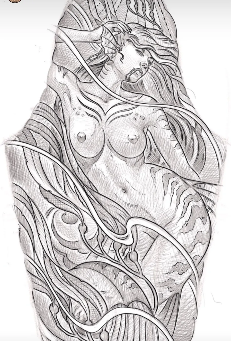 Custom tattoo sketch — Mermaid bio-organic pencil — original drawing by Terry Ribera, Remington Tattoo San Diego